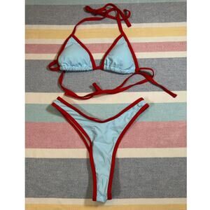 NWOT Sky Blue & Red Micro Bikini Set – Size XS